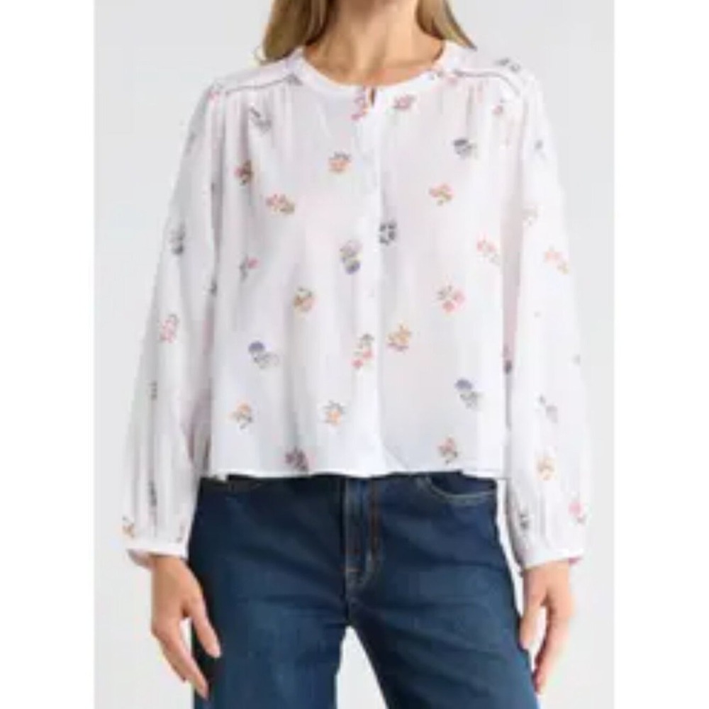 Lucky Brand Floral Button Front Balloon Sleeve Peasant Blouse White Pink M
